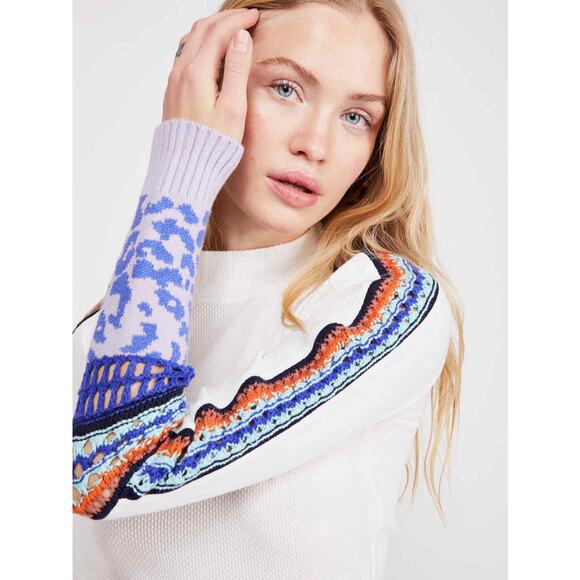 Free People white mock neck colorful knit crochet cuff thermal - Picture 6 of 10